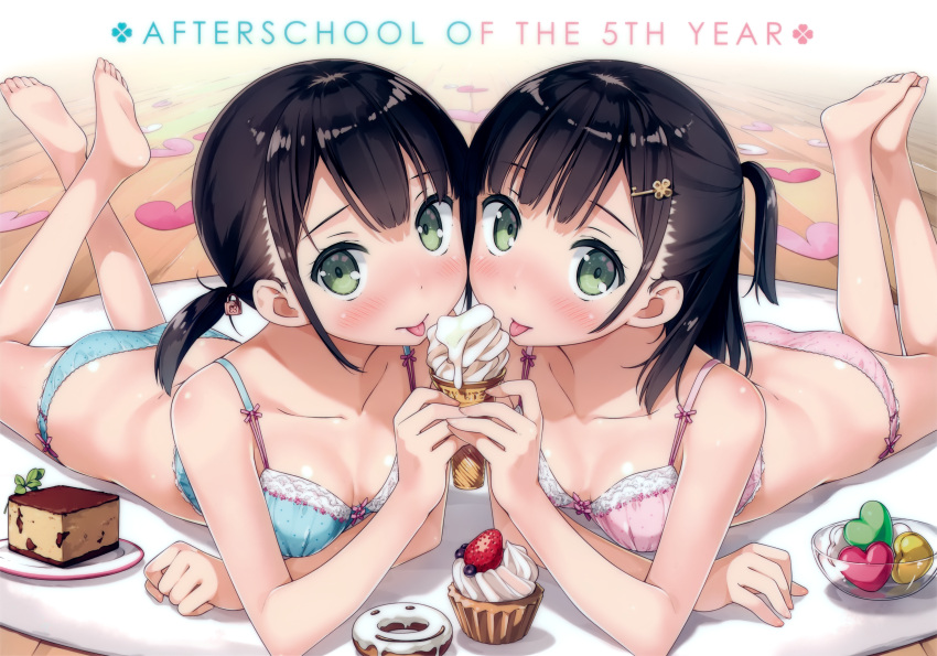 2girls :p absurdres bangs bare_arms bare_shoulders barefoot black_hair blue_bra blue_panties blunt_bangs blush bow bow_bra bra breasts carpet cleavage collarbone copyright_request cream doughnut english feet feet_together food fruit green_eyes hair_ornament hairclip heart highres holding holding_food huge_filesize ice_cream ice_cream_cone indoors kantoku looking_at_viewer lying medium_breasts muffin multiple_girls on_stomach one_side_up panties pink_bra pink_panties scan shared_food siblings slice_of_cake soft_serve soles strawberry the_pose toes tongue tongue_out twins underwear underwear_only wooden_floor
