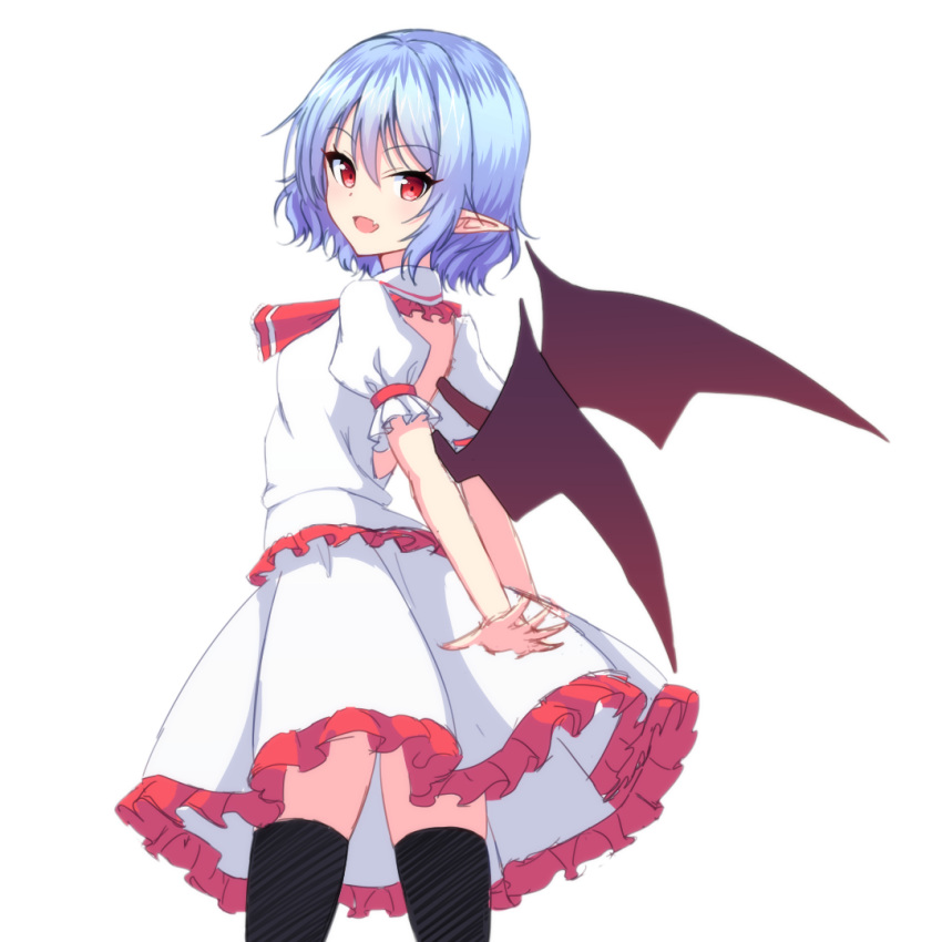 1girl :d ascot bat_wings black_legwear blue_hair blush cowboy_shot dress eyebrows eyebrows_visible_through_hair eyelashes frilled_dress frilled_sleeves frills from_behind junior27016 looking_at_viewer open-back_dress open_mouth outstretched_arms pointy_ears puffy_short_sleeves puffy_sleeves red_eyes remilia_scarlet short_hair short_sleeves simple_background smile spread_fingers standing thigh-highs touhou tsurime vampire white_background wings zettai_ryouiki