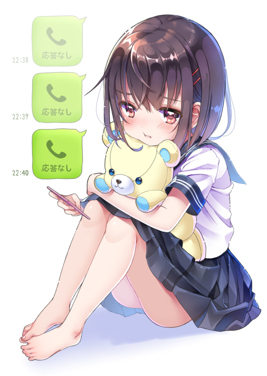 1girl :t barefoot black_hair blush cellphone commentary_request feet feet_together full_body hair_ornament hairclip highres holding knees_up line_(naver) object_hug original phone pleated_skirt pout red_eyes school_uniform serafuku shiori_(xxxsi) short_hair short_sleeves simple_background sitting skirt smartphone solo stuffed_animal stuffed_toy teddy_bear toes translated white_background