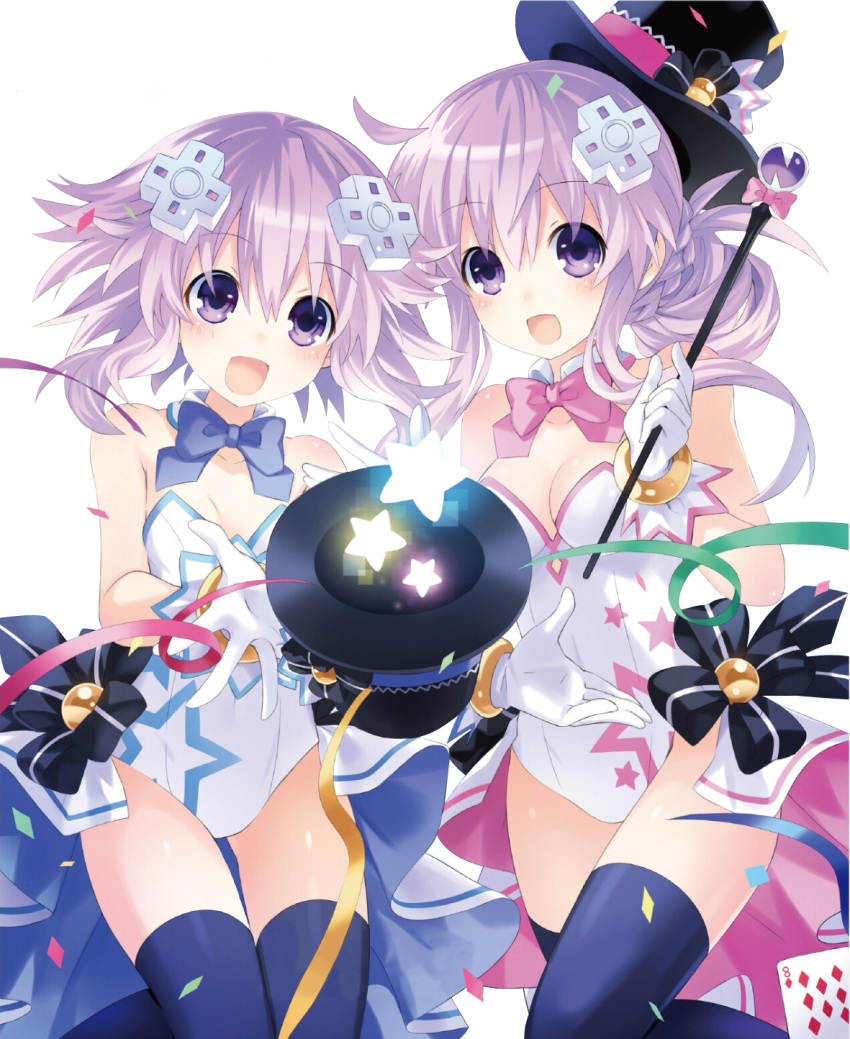 2girls bare_shoulders breasts choujigen_game_neptune cleavage female gloves hair_ornament hat highres leotard long_hair looking_at_viewer manamitsu multiple_girls nepgear neptune_(choujigen_game_neptune) neptune_(series) open_mouth purple_hair ribbon short_hair siblings simple_background smile thigh-highs tsunako violet_eyes white_background white_gloves