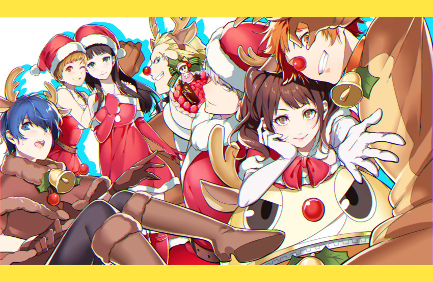 3boys 4girls alternate_costume amagi_yukiko animal_costume bear black_hair black_legwear blonde_hair blue_eyes blue_hair brown_eyes brown_hair cake christmas christmas_cake commentary doujima_nanako food grey_eyes hanamura_yousuke hat highres kujikawa_rise kuma_(persona_4) minami_(p_hanbee) multiple_boys multiple_girls narukami_yuu pantyhose persona persona_4 redhead reindeer_costume santa_costume santa_hat satonaka_chie scar shirogane_naoto tatsumi_kanji