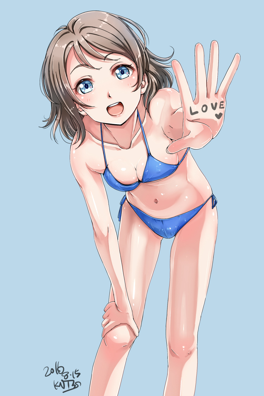 1girl :d absurdres arm_support bangs bikini blue_background blue_bikini blue_eyes blush breasts brown_hair cleavage collarbone dated english erect_nipples hand_on_own_knee happy highres kntrs_(knyrs) leaning_forward looking_at_viewer love_live! love_live!_sunshine!! midriff navel open_mouth outstretched_arm see-through shiny shiny_skin short_hair side-tie_bikini signature simple_background smile solo standing swimsuit teeth watanabe_you
