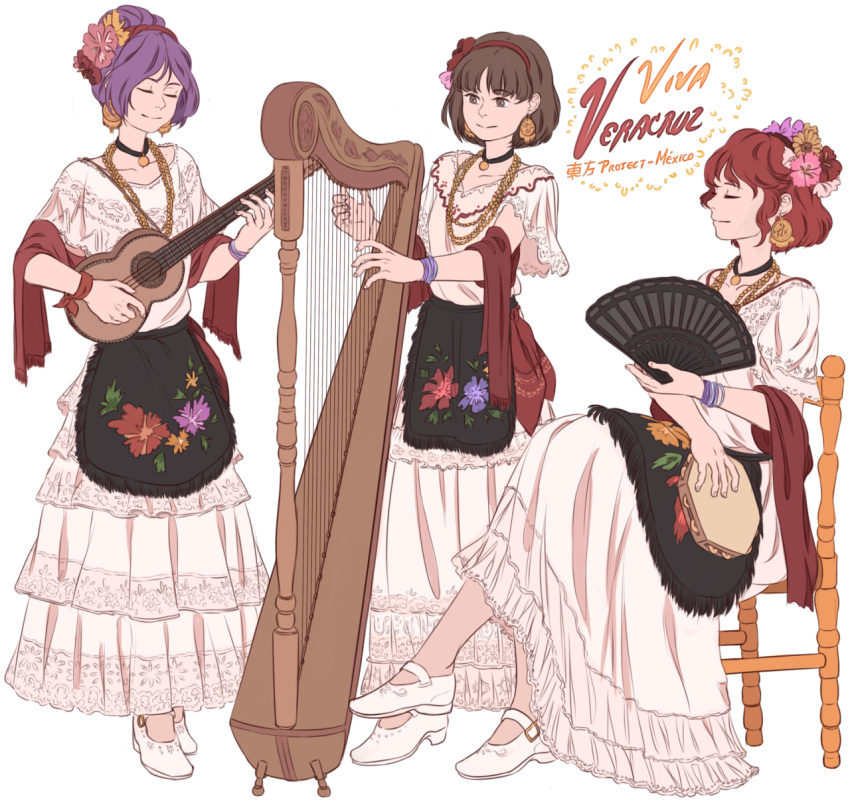 3girls apron bracelet brown_eyes brown_hair chair closed_eyes collarbone commentary dress earrings fan flower folding_fan hair_flower hair_ornament hair_up hairband harp highres horikawa_raiko instrument jewelry leona_(instrument) mefomefo mexican_dress mexico multiple_girls music necklace playing_instrument purple_hair redhead shoes short_hair simple_background sitting standing tambourine touhou tsukumo_benben tsukumo_yatsuhashi white_background white_dress white_shoes