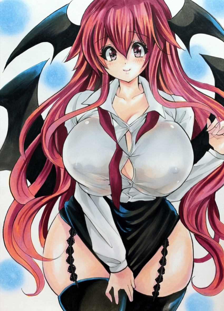 1girl black_legwear black_skirt black_wings breasts cowboy_shot hair_between_eyes head_wings highres huge_breasts koakuma long_hair long_sleeves looking_at_viewer miniskirt necktie red_eyes red_neckwear redhead shirt skirt smile solo thick_thighs thigh-highs thighs touhou traditional_media twobee very_long_hair wavy_hair white_background white_shirt wing_collar wings