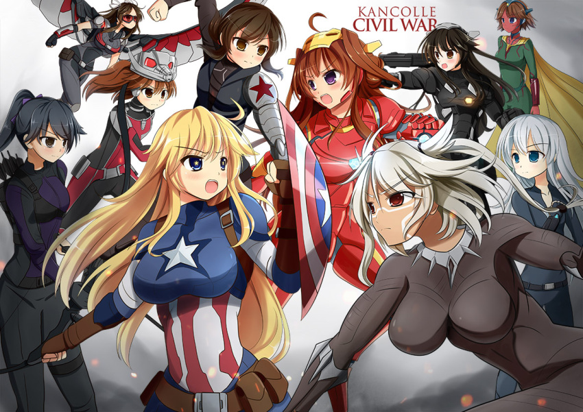 6+girls annotated ant-man ant-man_(cosplay) arrow black_hair black_panther_(marvel) black_panther_(marvel)_(cosplay) black_widow black_widow_(cosplay) blonde_hair blue_eyes bow_(weapon) breasts brown_eyes brown_hair cape captain_america captain_america_(cosplay) captain_america_civil_war clenched_hands dark_skin embers facial_mark fingerless_gloves fubuki_(kantai_collection) gloves goggles gun hair_ribbon haruna_(kantai_collection) hawkeye_(marvel) hawkeye_(marvel)_(cosplay) headgear hibiki_(kantai_collection) hiei_(kantai_collection) hiyou_(kantai_collection) houshou_(kantai_collection) impossible_bodysuit impossible_clothes iowa_(kantai_collection) iron_man iron_man_(cosplay) kantai_collection kongou_(kantai_collection) large_breasts marvel mechanical_arm multiple_girls musashi_(kantai_collection) open_mouth parody ponytail pouch power_armor quiver red_eyes red_skin ribbon ryuujou_(kantai_collection) setia_pradipta shield silver_hair star star-shaped_pupils superhero symbol-shaped_pupils the_falcon the_falcon_(cosplay) twintails violet_eyes vision_(marvel) vision_(marvel)_(cosplay) war_machine war_machine_(cosplay) weapon wings winter_soldier winter_soldier_(cosplay)