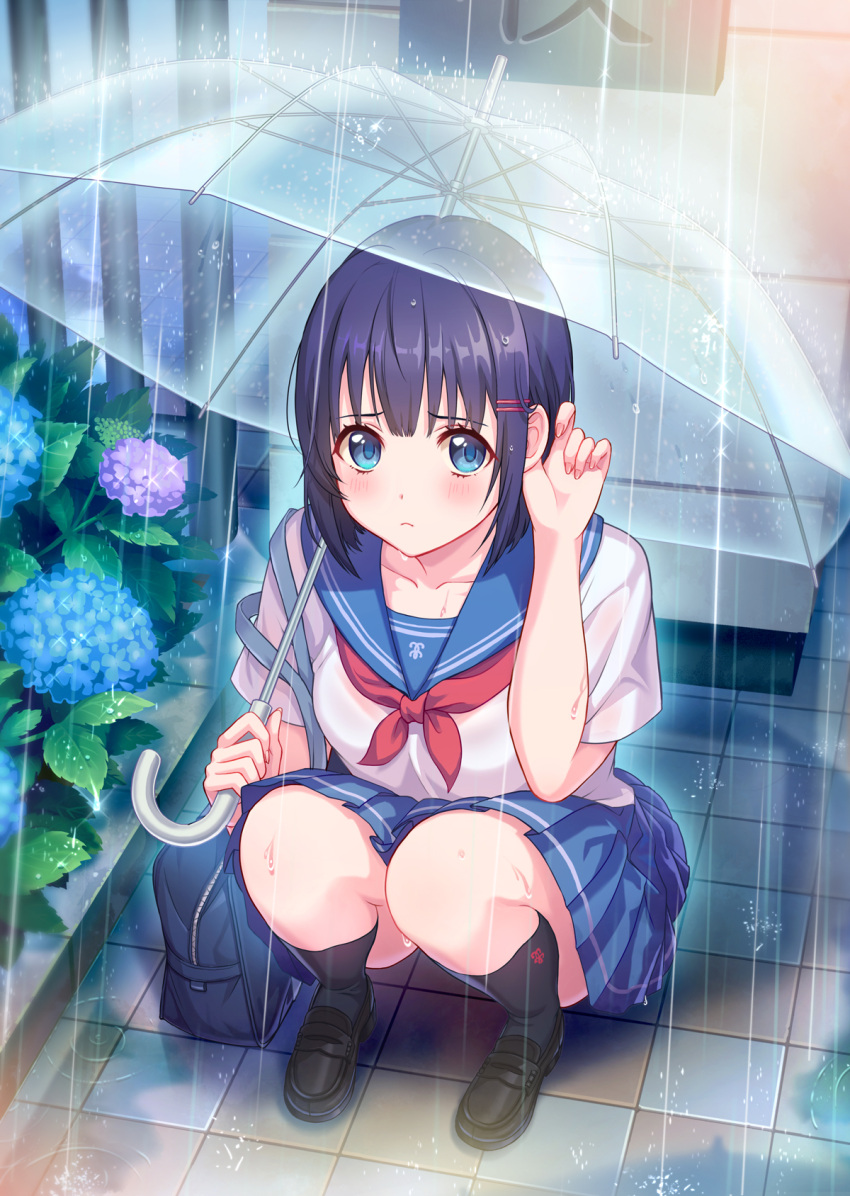 1girl bag bangs bare_arms black_hair black_legwear black_shoes blouse blue_eyes blue_flower blue_skirt blurry blush closed_mouth collarbone eyebrows eyebrows_visible_through_hair flower from_above frown hair_ornament hair_tucking hairclip highres holding holding_umbrella hydrangea kneehighs loafers looking_to_the_side miniskirt mizu_no neckerchief original outdoors pavement plant pleated_skirt pov puddle purple_flower railing rain school_uniform serafuku shadow shoes short_hair short_sleeves shoulder_bag skirt solo squatting strap_slip taking_picture transparent_umbrella umbrella water_drop white_blouse