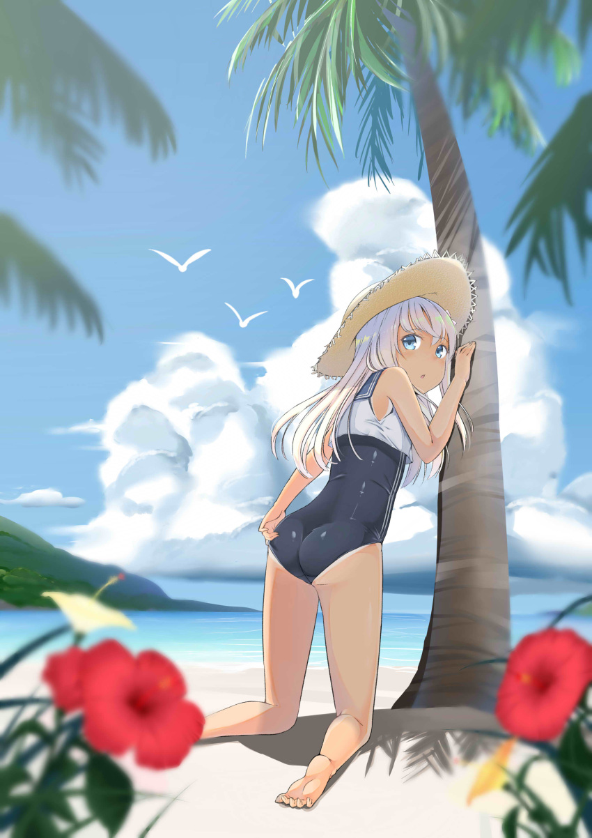 1girl absurdres adjusting_clothes adjusting_swimsuit against_tree ass barefoot beach blue_eyes blue_sky blurry clouds crop_top day depth_of_field flower from_behind hat hibiscus highres kantai_collection kneeling ocean outdoors palm_tree ro-500_(kantai_collection) sailor_collar sand school_swimsuit shisuo silver_hair sky solo straw_hat sun_hat swimsuit tan tanline tree
