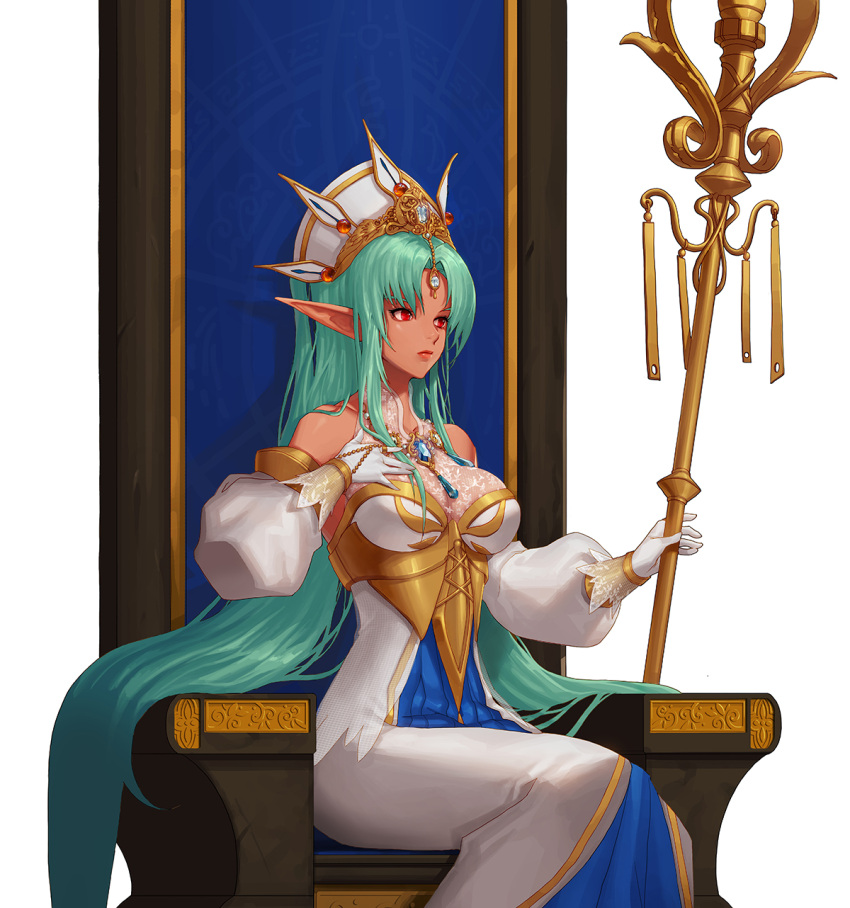 1girl bare_shoulders bracelet breasts cleavage corset dark_elf detached_sleeves dress dungeon_and_fighter elf forehead_jewel gloves gold hand_on_own_chest hat highres jewelry large_breasts lips long_hair mulin necklace pointy_ears queen red_eyes sitting solo staff throne tiara very_long_hair white_gloves