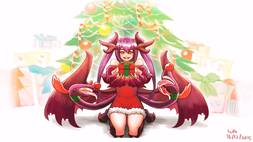 1girl 2015 absurdres christmas claws dated dragon_girl dragon_horns extra_mouth gold_teeth highres jabberwock_(monster_girl_encyclopedia) looking_at_viewer lutherniel monster_girl monster_girl_encyclopedia present tongue twintails wings