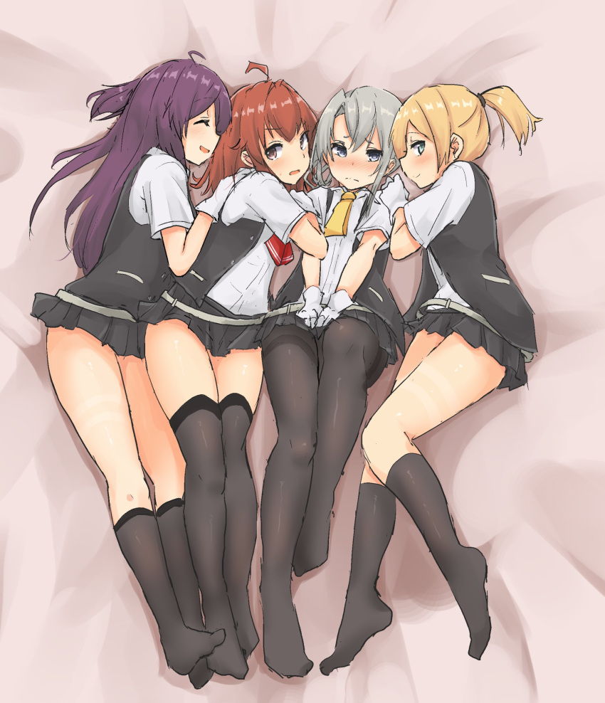 4girls ahoge arashi_(kantai_collection) ascot bangs belt black_legwear black_vest blonde_hair blue_eyes blush brown_eyes cassandra_(seishun_katsu_sando) closed_eyes closed_mouth collared_shirt eyebrows eyebrows_visible_through_hair gloves grey_hair hagikaze_(kantai_collection) hand_on_another's_shoulder highres kantai_collection kneehighs legs looking_at_another looking_at_viewer lying maikaze_(kantai_collection) multiple_girls necktie no_shoes nose_blush nowaki_(kantai_collection) on_back on_side open_mouth pantyhose pleated_skirt pocket ponytail profile purple_hair redhead shirt short_hair short_ponytail skirt sleeveless smile sweatdrop thigh-highs white_gloves white_shirt yellow_necktie