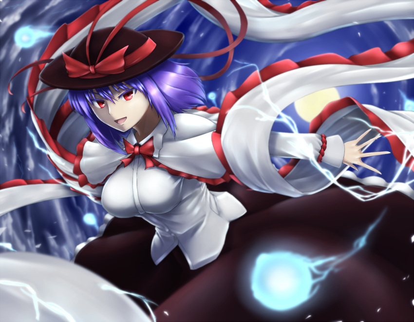 &gt;:d 1girl :d black_skirt blurry bow bowtie breasts capelet collared_shirt danmaku depth_of_field electricity frills gnlo hagoromo hat hat_bow hat_ribbon large_breasts long_skirt long_sleeves looking_at_viewer nagae_iku open_mouth plasma purple_hair red_bow red_bowtie red_eyes red_ribbon ribbon shawl shirt short_hair skirt smile solo touhou white_shirt