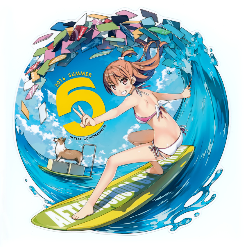 1girl 2016 absurdres animal ass bare_arms bare_legs bare_shoulders barefoot bikini blue_sky blush box breasts cardboard_box carton day dog feet full_body furrowed_eyebrows grin hair_bobbles hair_ornament hand_gesture heckling highres kantoku legs_apart letter medium_breasts one_side_up parted_lips ribbon scan side-tie_bikini sky smile solo standing summer surfboard surfing swimsuit tongue tongue_out v water white_bikini white_ribbon white_wings wind wings
