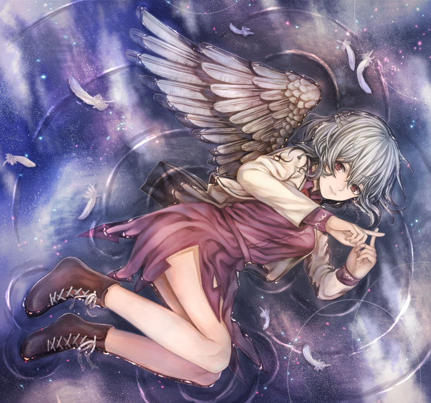 1girl angel_wings bare_legs boots braid breasts crossed_fingers dress feathered_wings feathers french_braid from_above highres jacket kishin_sagume large_breasts light_smile long_sleeves looking_at_viewer lying nekushiro on_side on_water open_clothes open_jacket purple_dress red_eyes reflection ripples short_dress silver_hair single_wing sky solo star star_(sky) starry_background starry_sky touhou water white_wings wings