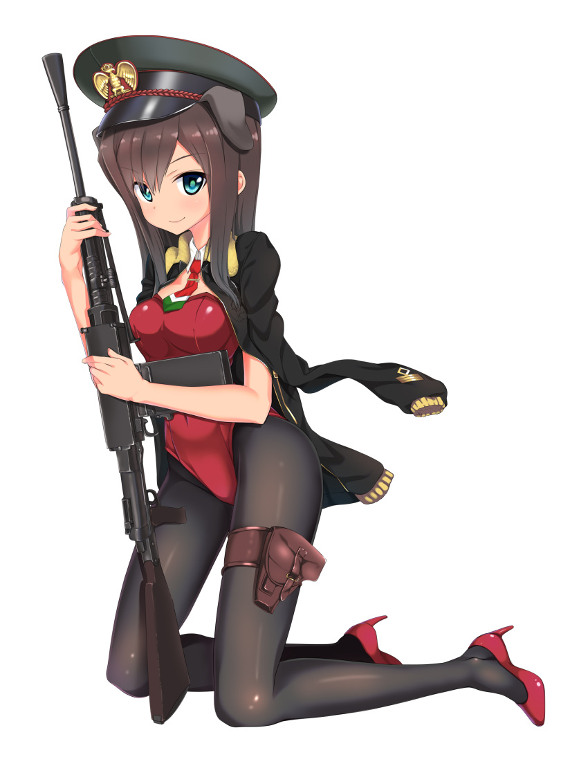 1girl a9b_(louis814) absurdres animal_ears blue_eyes breda_30 brown_hair dog_ears federica_n_doglio gun hat high_heels highres holster italian_flag italy jacket_on_shoulders kneeling long_hair looking_at_viewer pantyhose short_necktie solo strike_witches weapon world_witches_series
