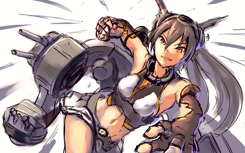 1girl arm_up bangs breasts brown_eyes brown_hair clenched_hand collar crop_top elbow_gloves fingerless_gloves gloves grin hair_between_eyes headgear kantai_collection long_hair looking_at_viewer lynchis medium_breasts midriff nagato_(kantai_collection) navel outstretched_arm pleated_skirt raised_fist rigging skirt sleeveless smile speed_lines white_background