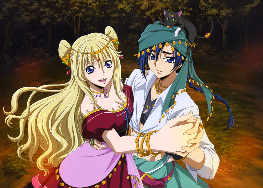 1boy 1girl absurdres animal animal_on_head blonde_hair blue_eyes blue_hair braid breasts cat cat_on_head cleavage code_geass:_boukoku_no_akito collar collarbone dancing dress earrings habe_takashi hair_ornament hand_holding highres hyuuga_akito jewelry leila_(code_geass) long_hair looking_at_viewer open_mouth outdoors smile