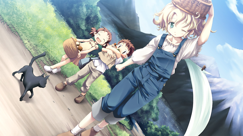 1boy 2girls bag basket belle_(katahane) black_cat blonde_hair blouse blue_sky bread brown_hair brown_shoes bush carrying cat character_request closed_eyes clouds curly_hair dress dutch_angle food frilled_sleeves frills fue_(tsuzuku) game_cg grass green_eyes highres holding katahane lake messenger_bag mountain multiple_girls one_eye_closed open_mouth outdoors overalls pants paper_bag pigtails ruffled_sleeves shoes short_hair sky smile socks standing tree white_legwear white_shirt white_shoes white_socks wings