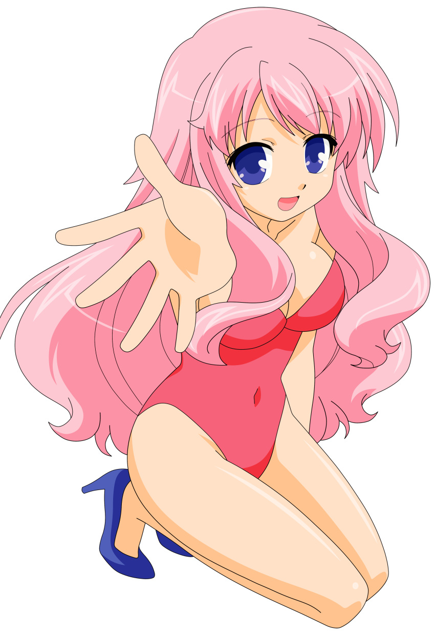 1girl absurdres artist_request baka_to_test_to_shoukanjuu bangs bare_midriff blue_eyes breasts cleavage female hair_ornament hairclip highres himeji_mizuki hips large_breasts legs long_hair looking_at_viewer mound_of_venus navel open_mouth pink_hair simple_background solo standing thighs tongue transparent_background vector_trace