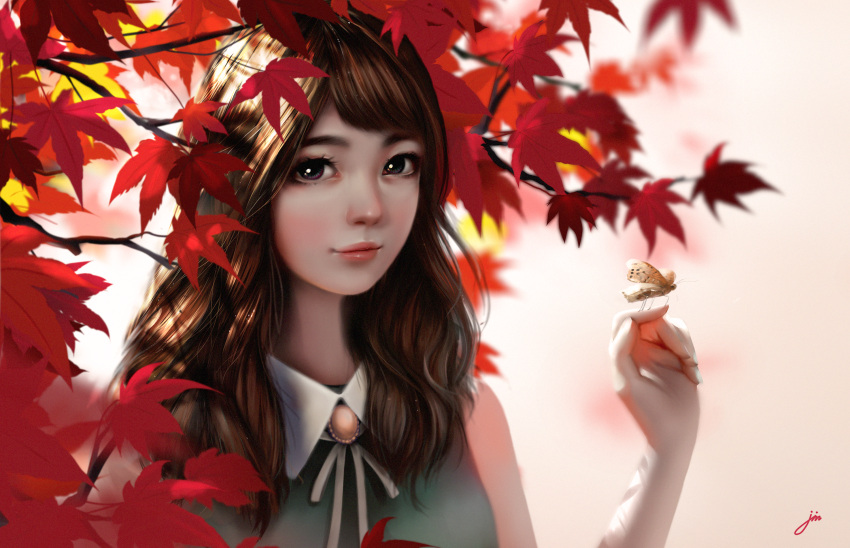 1girl arm_up autumn_leaves black_eyes blush brown_hair dappled_sunlight eyebrows highres huge_filesize insect jin jintawat_puttanawiboon leaf lips long_hair looking_at_viewer maple_leaf moth nose original realistic solo sunlight tree upper_body