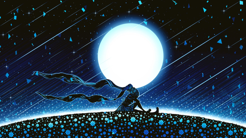 1girl aqua_hair female from_side gradient gradient_background harada_miyuki hatsune_miku long_hair long_twintails monochrome moon night on_floor outdoors pleated_skirt sitting skirt sky solo stars twintails very_long_hair vocaloid