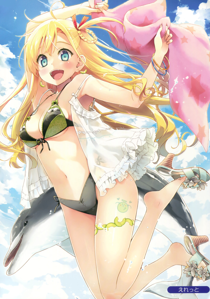 1girl :d absurdres arms_up bare_legs barefoot bikini blonde_hair blue_eyes blush bracelet braid breasts cleavage dolphin earrings eretto feet front-tie_bikini front-tie_top hair_ribbon highres jewelry large_breasts leg_up legs_up looking_at_viewer melonbooks navel open_mouth outdoors ribbon sandals scan shoe_dangle shoes_removed single_shoe smile solo sparkle strap_gap swimsuit tattoo thighlet towel