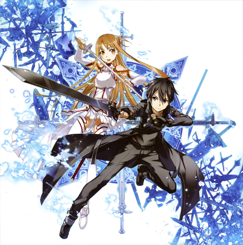 1boy 1girl abec absurdres asuna_(sao) black_eyes black_gloves black_hair breastplate brown_eyes brown_hair detached_sleeves fingerless_gloves gloves highres holding holding_sword holding_weapon kirito long_hair looking_at_viewer open_mouth pleated_skirt short_hair skirt smile sword sword_art_online thigh-highs weapon white_legwear whtie_skirt