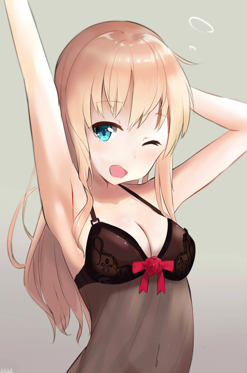 1girl alternate_costume arm_up armpits blonde_hair blue_eyes blush breasts camisole color1087 eyebrows eyebrows_visible_through_hair flower grey_background highres kantai_collection long_hair medium_breasts one_eye_closed open_mouth rose see-through simple_background sleepwear solo stretch upper_body warspite_(kantai_collection) yawning