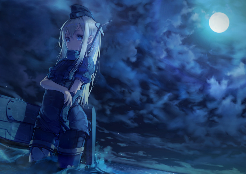 1girl absurdres blue_eyes clouds cloudy_sky expressionless full_moon garrison_cap gloves hat highres kantai_collection katoroku long_hair looking_at_viewer military military_uniform moon night outdoors silver_hair single_glove sky solo standing star_(sky) starry_sky torn_clothes torn_gloves u-511_(kantai_collection) uniform wading water