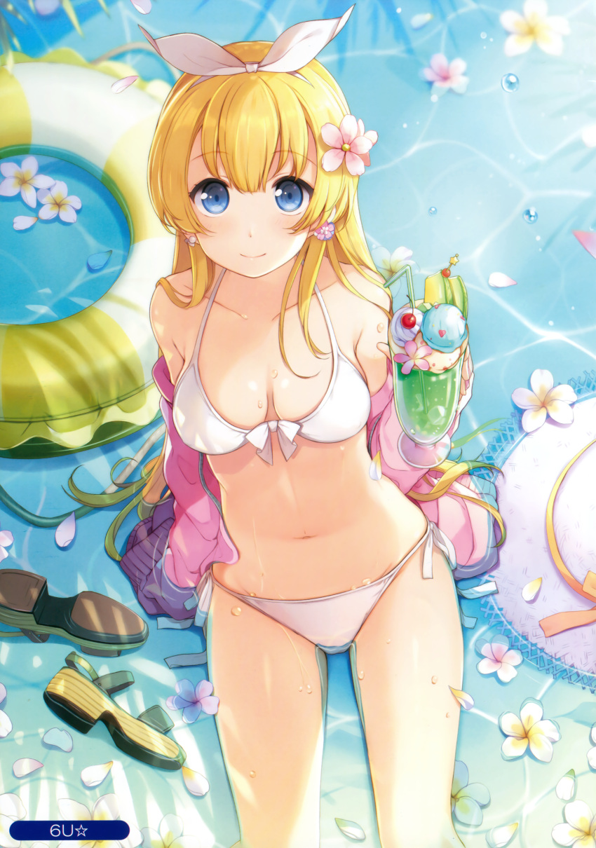 1girl 6u_(eternal_land) absurdres arm_support bikini breasts drink drinking_straw earrings flower food from_above hair_flower hair_ornament hair_ribbon hairband hat highres ice_cream innertube jewelry long_hair looking_at_viewer navel off_shoulder outdoors partially_submerged petals ribbon sandals scan shoes_removed side-tie_bikini sitting sleeves_past_wrists solo sun_hat swimsuit wet white_bikini
