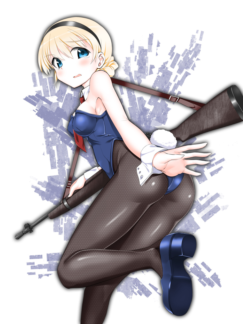1girl a9b_(louis814) absurdres ass bare_shoulders between_breasts blonde_hair blue_eyes blush braid breasts bunny_girl bunny_tail fishnet_pantyhose fishnets gun hairband highres looking_at_viewer necktie necktie_between_breasts open_mouth pantyhose rosalie_de_hemricourt_de_grunne short_necktie sideboob solo strike_witches tail tears weapon weapon_request world_witches_series wrist_cuffs