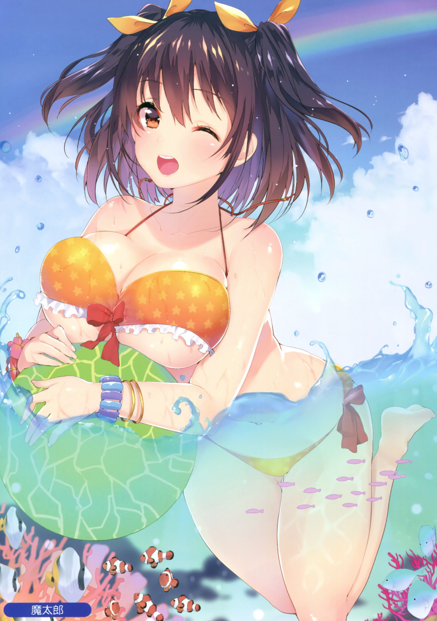 1girl ;d absurdres ball bare_legs barefoot beachball bikini black_hair bracelet breast_rest breasts brown_eyes fish flower_bracelet front-tie_bikini front-tie_top highres jewelry large_breasts long_nose matarou_(genkai_toppa) melonbooks navel one_eye_closed open_mouth orange_bikini outdoors partially_submerged rainbow scan side-tie_bikini smile solo swimsuit thigh_gap two_side_up