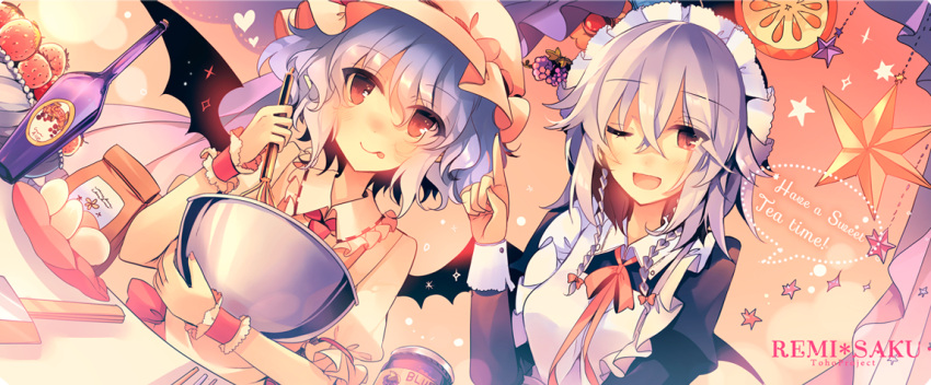 2girls ;d ;p apron arm_garter ascot bat_wings blue_hair blush bow braid egg eyebrows eyebrows_visible_through_hair flour food frilled_shirt_collar frills fruit hat heart izayoi_sakuya juliet_sleeves kirero lavender_hair long_sleeves maid maid_apron maid_headdress mixing_bowl mob_cap multiple_girls neck_ribbon one_eye_closed open_mouth pink_bow pink_ribbon puffy_short_sleeves puffy_sleeves red_eyes remilia_scarlet ribbon short_hair short_sleeves smile strawberry tongue tongue_out touhou twin_braids upper_body whisking wings wrist_cuffs