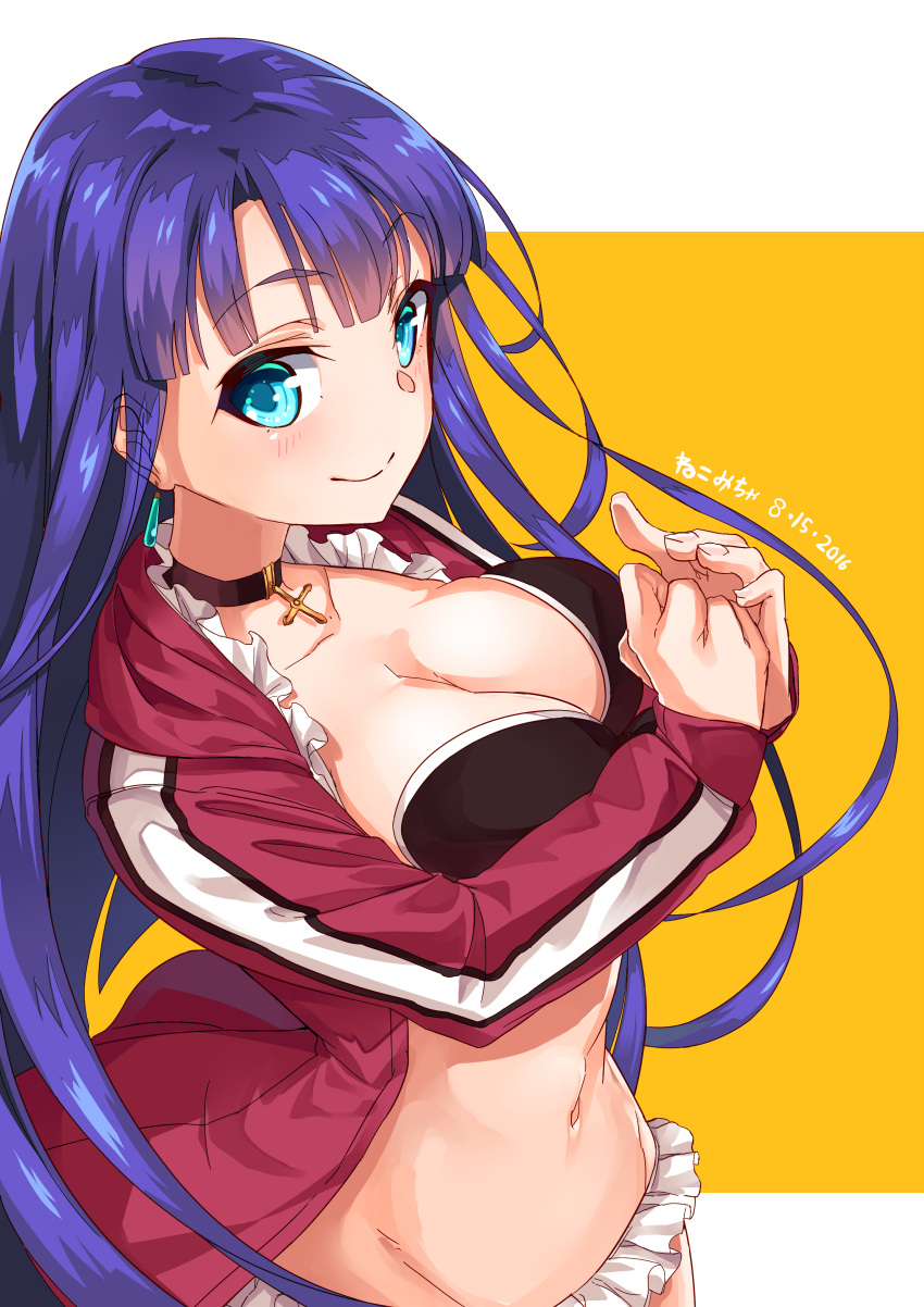 1girl absurdres bangs bikini black_bikini black_bikini_top blue_eyes blunt_bangs blush breasts choker cleavage closed_mouth collarbone cross dated earrings ears_visible_through_hair eyebrows eyebrows_visible_through_hair fate/grand_order fate_(series) frilled_skirt frills groin highres jacket jewelry large_breasts long_hair long_sleeves microskirt navel nekomicha open_clothes open_jacket own_hands_together pendant purple_hair red_jacket saint_martha saint_martha_(swimsuit_ruler)_(fate) skirt smile solo stomach swimsuit text track_jacket translation_request two-tone_background upper_body very_long_hair white_skirt