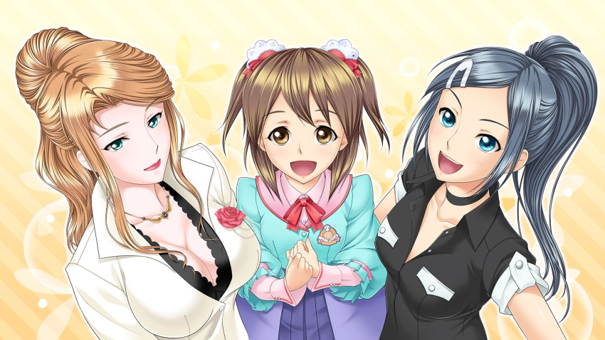 3girls :d aqua_eyes aqua_shirt artist_request asagiri_mashiro black_shirt blue_hair blue_skirt bow breasts brown_eyes brown_hair bubble buttons cleavage clenched_hands dice ears emblem eyebrows eyebrows_visible_through_hair fingernails fingers flat_chest floral_background flower forehead fringe from_above game_cg girl_sandwich green_eyes group_picture hair_ornament hair_over_breasts hairclip hands happy highres jewelry large_breasts light_smile lips lipstick long_hair looking_at_viewer looking_up makeup multiple_girls nakano_saki neck necklace open_mouth orange_hair outstretched_arm pink_shirt pleated_skirt ponytail red_bow red_rose rose saionji_hatsuki sandwiched shiny shiny_hair shirt short_hair simple_background skirt small_breasts smile standing teeth tongue tottemo_e_mahjong_plus twintails upper_body white_shirt yellow_background