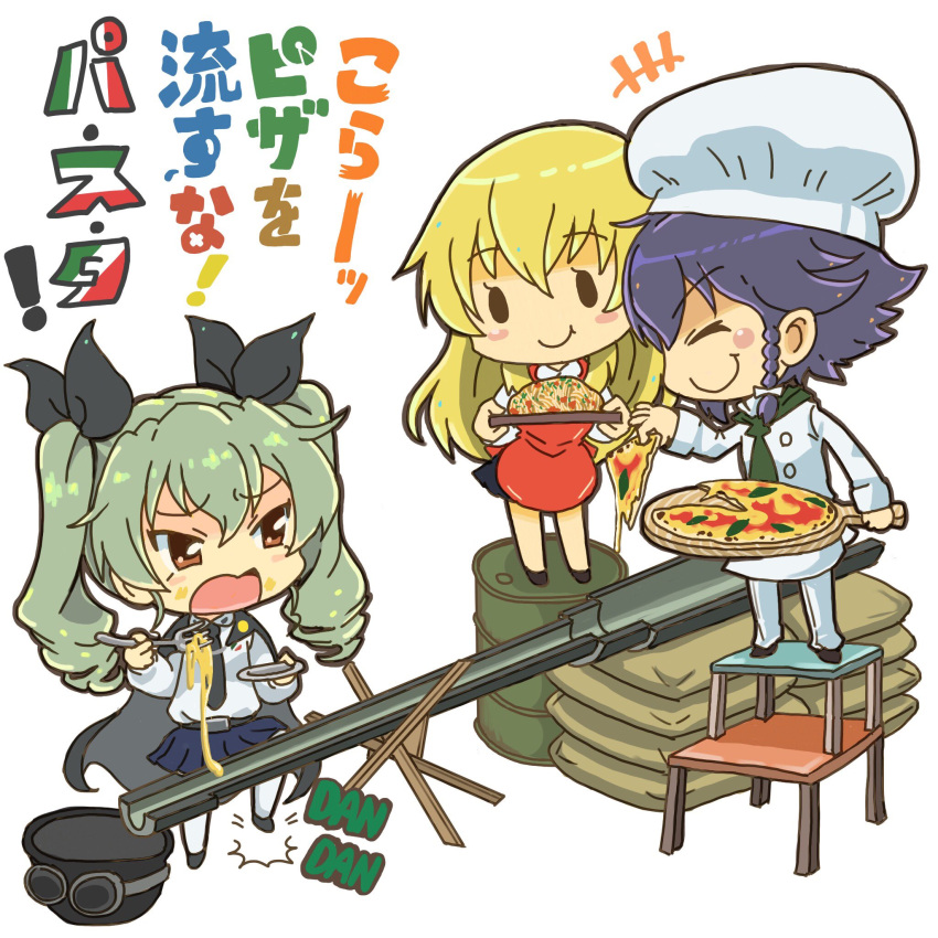 3girls anchovy apron bangs black_hair blonde_hair blouse braid brown_eyes cape carpaccio cheese chef_hat chef_uniform chibi closed_eyes commentary_request drill_hair drum_(container) extended_barrel eyebrows eyebrows_visible_through_hair food food_on_face fork girls_und_panzer goggles goggles_on_hat green_hair hair_ribbon hat helmet highres long_hair multiple_girls necktie otoufu pasta pepperoni_(girls_und_panzer) pizza plate pleated_skirt ribbon sack sacks short_hair skirt stool tapping_foot thigh-highs translation_request twin_drills