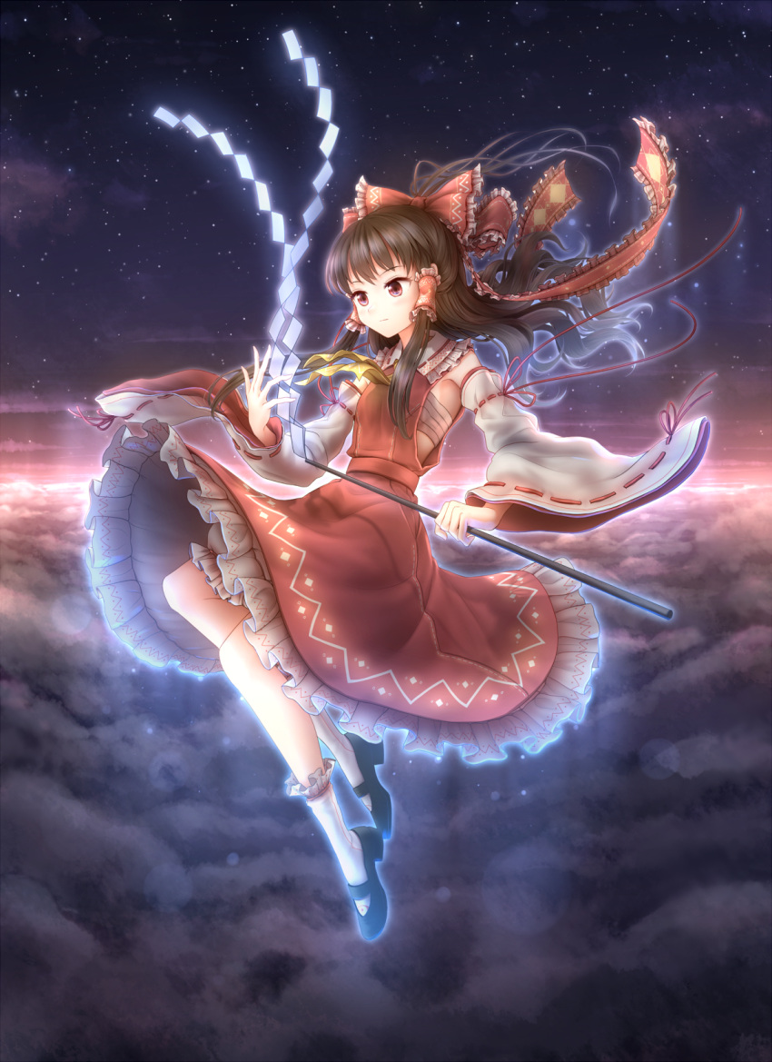 1girl above_clouds alternate_hair_length alternate_hairstyle ascot aura black_shoes blush bow breasts brown_hair clouds cloudy_sky detached_sleeves expressionless floating frilled_bow frilled_legwear frilled_ribbon frilled_shirt_collar frilled_skirt frills full_body glowing hair_tubes hakurei_reimu highres legs light_particles long_hair looking_down minust night night_sky red_eyes red_skirt reflective_eyes ribbon ribbon-trimmed_sleeves ribbon_trim sarashi shoes skirt sky small_breasts solo star_(sky) starry_sky touhou white_legwear wide_sleeves yin_yang