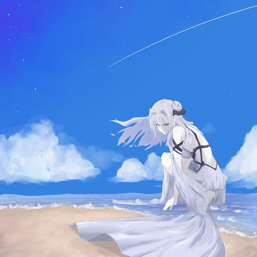 1girl absurdres azur_lane bow dress hair_bow highres long_hair looking_at_viewer ocean sachiko_(54knot_kokeshi) silver_hair simple_background siren_(azur_lane) solo tagme violet_eyes white_dress