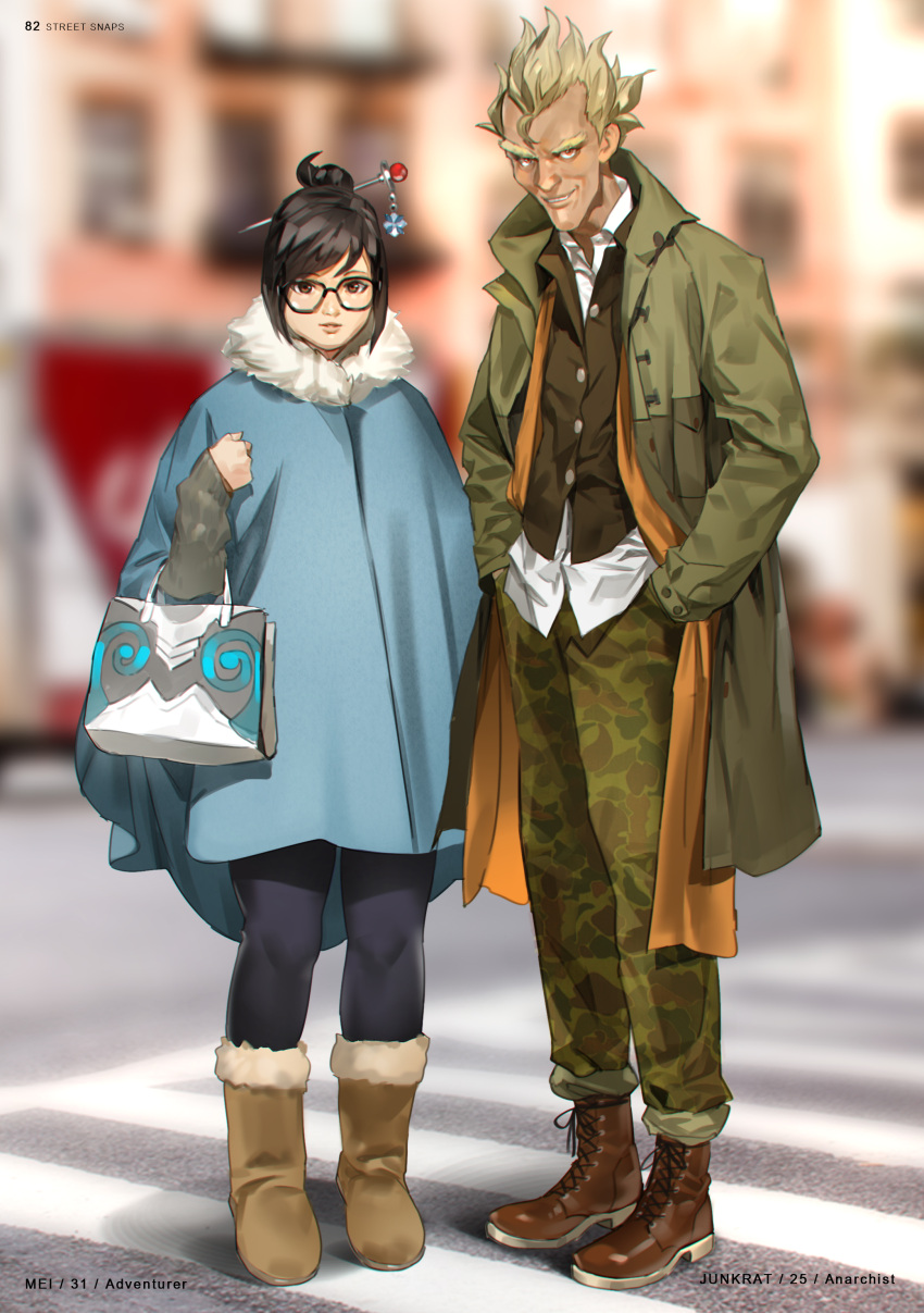 1boy 1girl absurdres alternate_costume artist_name bag blonde_hair blurry boots brown_eyes brown_hair camouflage camouflage_pants casual character_name combat_boots crosswalk depth_of_field dress_shirt eyebrows fashion full_body fur_boots fur_trim glasses grin hair_ornament hair_stick hands_in_pockets highres jacket junkrat_(overwatch) mei_(overwatch) overwatch pants poncho shirt short_hair smile spiky_hair vest watermark widow's_peak yang-do