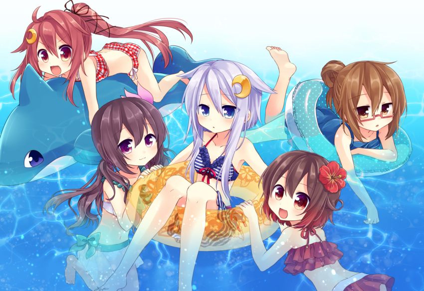5girls :3 :d ahoge alternate_costume alternate_hairstyle bare_arms barefoot bikini bikini_skirt black_hair blue_eyes brown_eyes brown_hair bubble collarbone crescent crescent_hair_ornament eyebrows eyebrows_visible_through_hair fang flower frilled_bikini frills front-tie_bikini front-tie_top glasses gradient_hair hair_between_eyes hair_bun hair_flaps hair_flower hair_ornament hair_ribbon hair_up inflatable_dolphin inflatable_toy innertube kantai_collection kisaragi_(kantai_collection) long_hair looking_at_viewer looking_back low_twintails midriff mochizuki_(kantai_collection) multicolored_hair multiple_girls mutsuki_(kantai_collection) nagasioo navel ocean one-piece_swimsuit open_mouth parted_lips partially_submerged plaid plaid_bikini ponytail purple_hair red-framed_eyewear red_bikini red_eyes redhead ribbon short_hair short_hair_with_long_locks side-tie_bikini smile swimsuit twintails uzuki_(kantai_collection) violet_eyes water wavy_mouth yayoi_(kantai_collection)