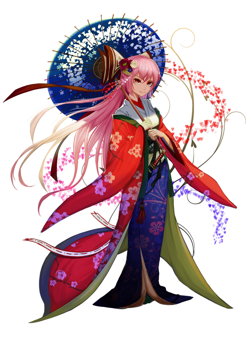 1girl alternate_costume alternate_hair_color bangs bow breasts camellia_(flower) closed_mouth floral_print flower fujiwara_no_mokou full_body gradient_hair hair_bow hair_flower hair_ornament hair_ribbon haori heart hexagon highres holding holding_umbrella japanese_clothes kanzashi katana long_hair long_sleeves looking_at_viewer medium_breasts multicolored_hair obi off_shoulder oriental_umbrella patterned_background pink_hair princess print_umbrella recare red_eyes red_flower red_ribbon ribbon sash shade simple_background smile solo standing sword tassel touhou umbrella very_long_hair weapon white_background white_flower wide_sleeves