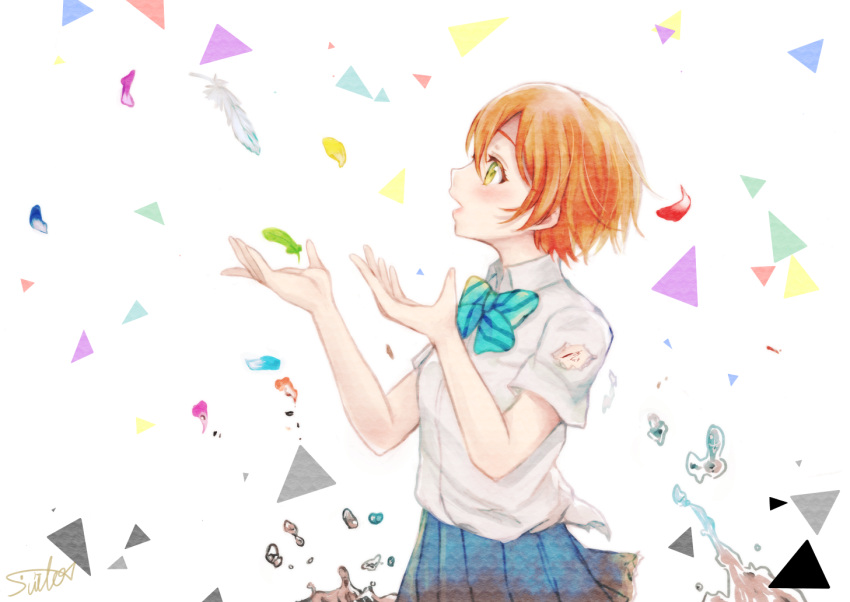 1girl big_hands blood bow bowtie collared_shirt cupping_hands droplet feathers from_side green_eyes hoshizora_rin lilylion26 love_live! love_live!_school_idol_project open_mouth orange_hair pleated_skirt scratches shirt short_hair short_sleeves skirt solo torn_clothes torn_sleeves triangle white_shirt