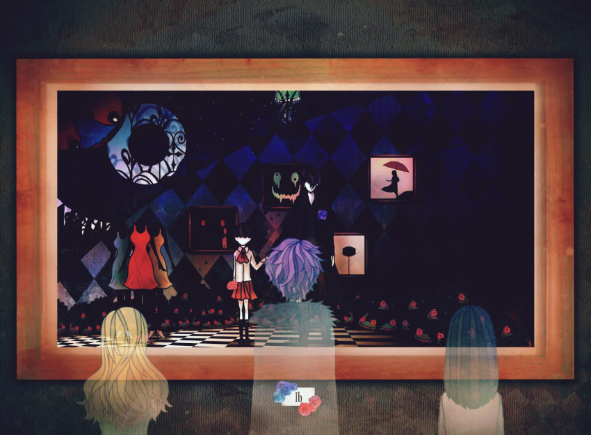 1boy 3girls abstract bangs black_socks blonde_hair blouse blue_rose bow checkered checkered_floor coat dress faceless flower frame from_behind fur_trim garry_(ib) harada_miyuki ib ib_(ib) kneehighs long_hair mannequin mary_(ib) multiple_girls painting_(object) pleated_skirt purple_hair red_rose rose school_uniform short_hair skirt socks standing translucent umbrella