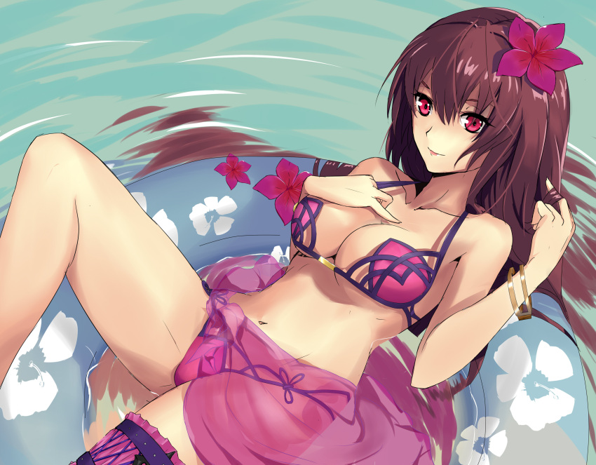 1girl absurdres afloat bikini breasts chikkinage_nage cleavage fate/grand_order fate_(series) floral_print flower hair_flower hair_ornament highres innertube large_breasts long_hair looking_at_viewer parted_lips purple_hair red_eyes relaxing ripples sarong scathach_(fate/grand_order) scathach_(swimsuit_assassin)_(fate) solo swimsuit