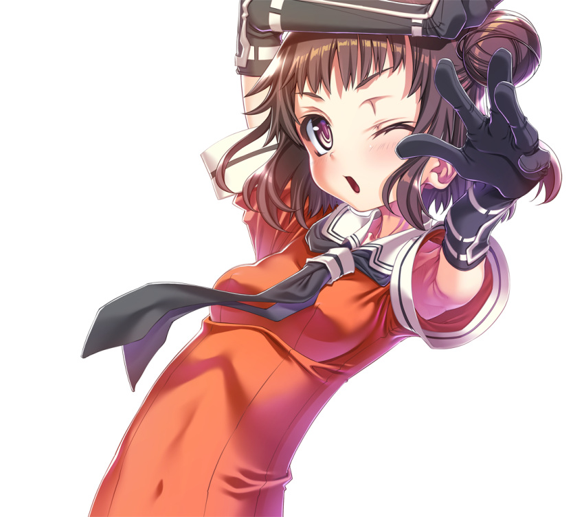 1girl antenna_hair arm_up armpit_peek bangs black_gloves blush brown_eyes brown_hair commentary_request covered_navel double_bun face gloves kantai_collection looking_at_viewer naka_(kantai_collection) neckerchief one_eye_closed open_mouth sakuya_tsuitachi school_uniform serafuku short_hair simple_background solo upper_body