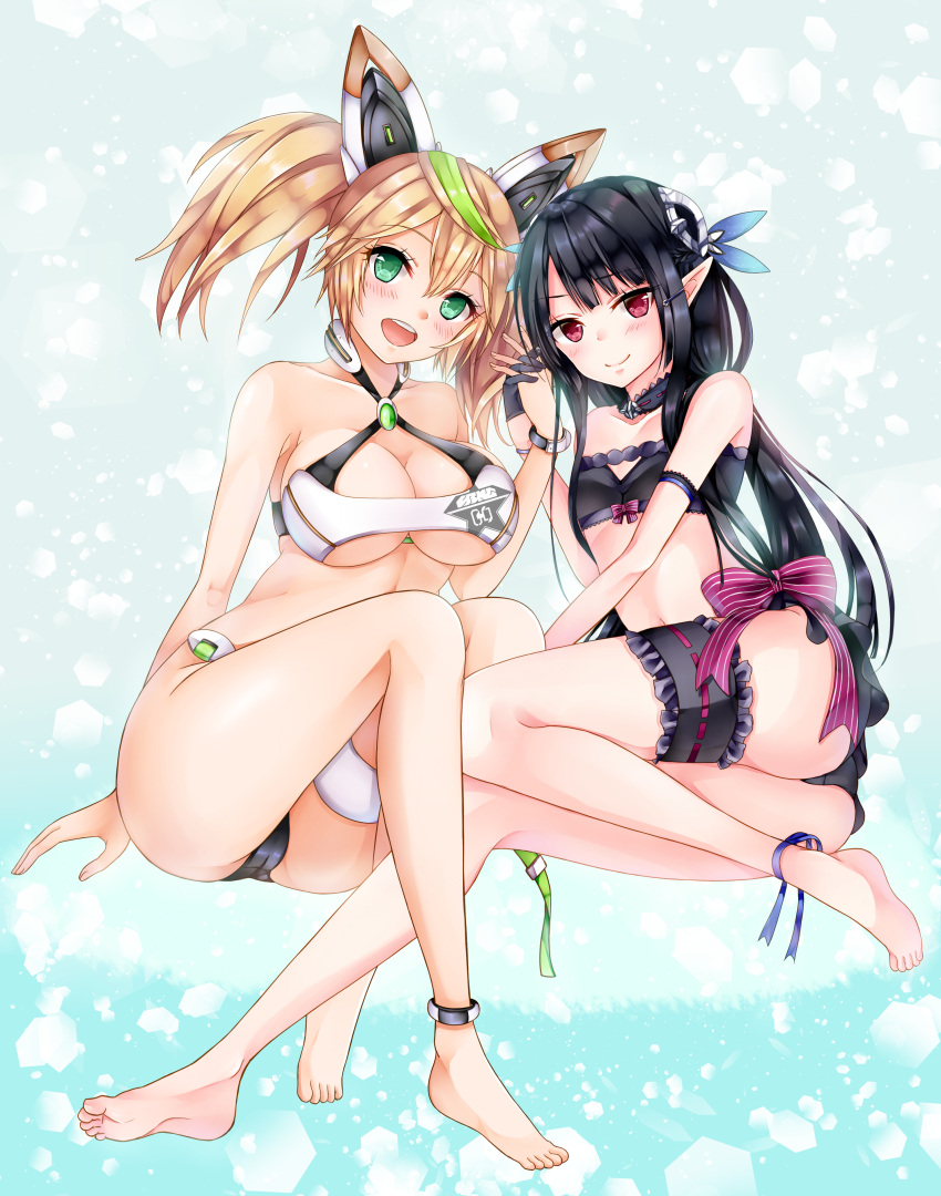 2girls :d absurdres anette_(pso2) anklet arm_support ass bare_shoulders barefoot bikini black_bikini black_hair blonde_hair breasts cleavage_cutout collarbone detached_collar feet frills full_body gene_(pso2) green_eyes green_hair hair_between_eyes hair_ornament hairclip hand_holding headgear highres interlocked_fingers jewelry large_breasts long_hair long_sleeves looking_at_viewer midriff multicolored_hair multiple_girls open_mouth phantasy_star phantasy_star_online_2 pointy_ears red_eyes sitting small_breasts smile soles streaked_hair swimsuit thigh_gap thighs toes twintails two-tone_hair under_boob yoshida_iyo