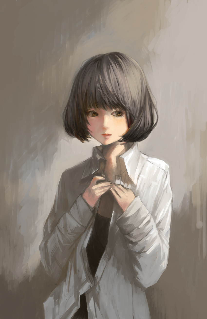1girl closed_mouth collared_shirt dress_shirt grey_hair highres open_clothes open_shirt orange_eyes original own_hands_together shirt short_hair sleeves_past_wrists solo tsubutsubu_mikan unbuttoned white_shirt wing_collar