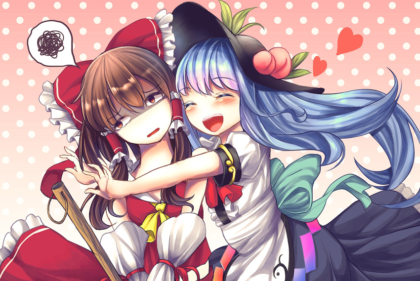 2girls :d ^_^ ascot bags_under_eyes bare_shoulders blue_hair blush bow broom brown_hair closed_eyes commentary d: detached_sleeves dress facing_viewer food fruit glomp gradient gradient_background hair_bow hair_tubes hakurei_reimu halftone halftone_background heart hinanawi_tenshi hug incipient_hug layered_dress lazy_eye long_dress long_hair looking_away multiple_girls open_mouth peach polka_dot polka_dot_background red_eyes sash shaded_face smile spoken_squiggle squiggle t.m_(aqua6233) teeth touhou very_long_hair yuri
