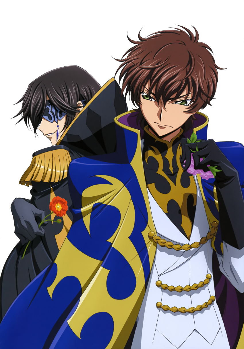 2boys absurdres black_gloves black_hair brown_hair code_geass:_boukoku_no_akito flower gloves green_eyes highres holding holding_flower kururugi_suzaku lelouch_lamperouge multiple_boys short_hair simple_background smile spoilers uniform white_background