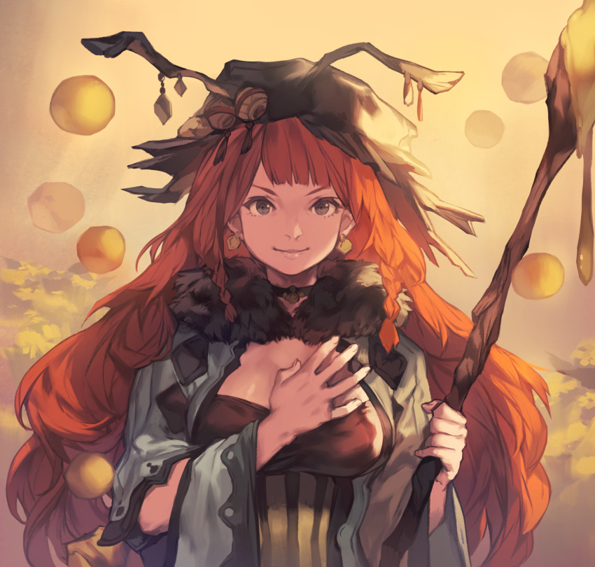 1girl braid breasts brown_eyes choker earrings fur hand_on_own_chest hat highres honey jewelry lee_hyeseung long_hair looking_at_viewer original redhead sky smile solo staff tree twin_braids upper_body