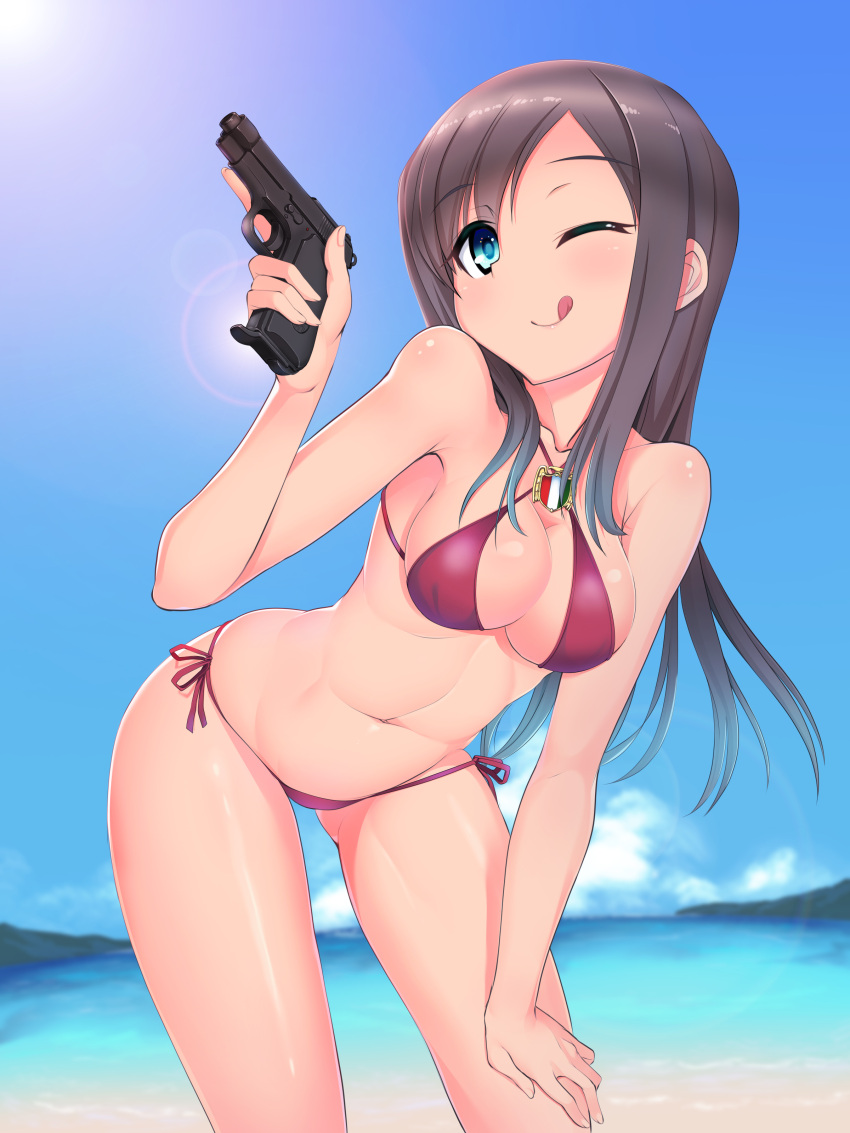 1girl :q ;q a9b_(louis814) absurdres bikini blue_eyes breasts brown_hair cleavage federica_n_doglio gun handgun highres leaning_forward long_hair looking_at_viewer navel one_eye_closed pistol red_bikini solo strike_witches swimsuit tongue tongue_out weapon weapon_request world_witches_series